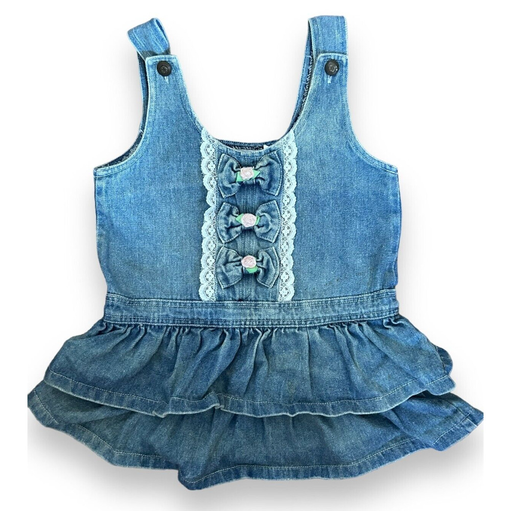 Vintage Rachel’s Kids Denim Dress Bows and Flowers Girl Size 4 *EUC*